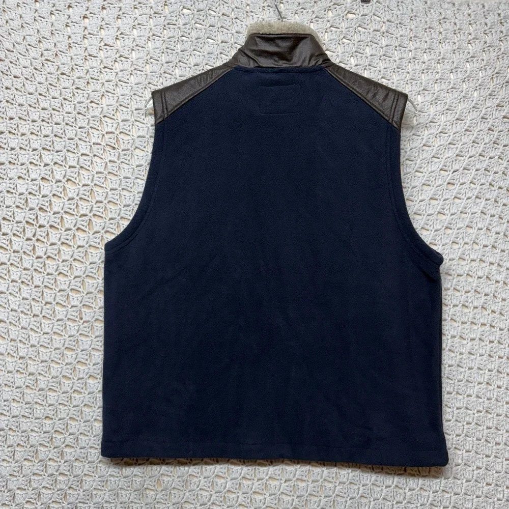 Orvis Fleece Vest‎ Men's L Navy Blue Sherpa Lined Mock Neck Faux Leather Trim